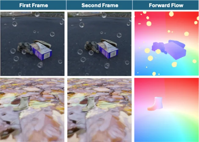 Two example pairs (first frame, second frame) with their ground-truth forward optical flow, including a raindrop-occluded case