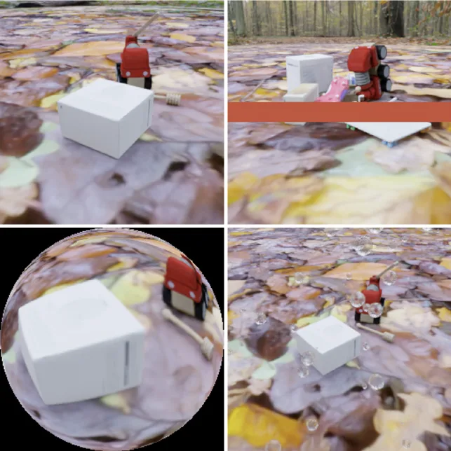 Examples of the same scene rendered with different imaging challenges: clean, bar occlusion, fisheye distortion, and raindrops
